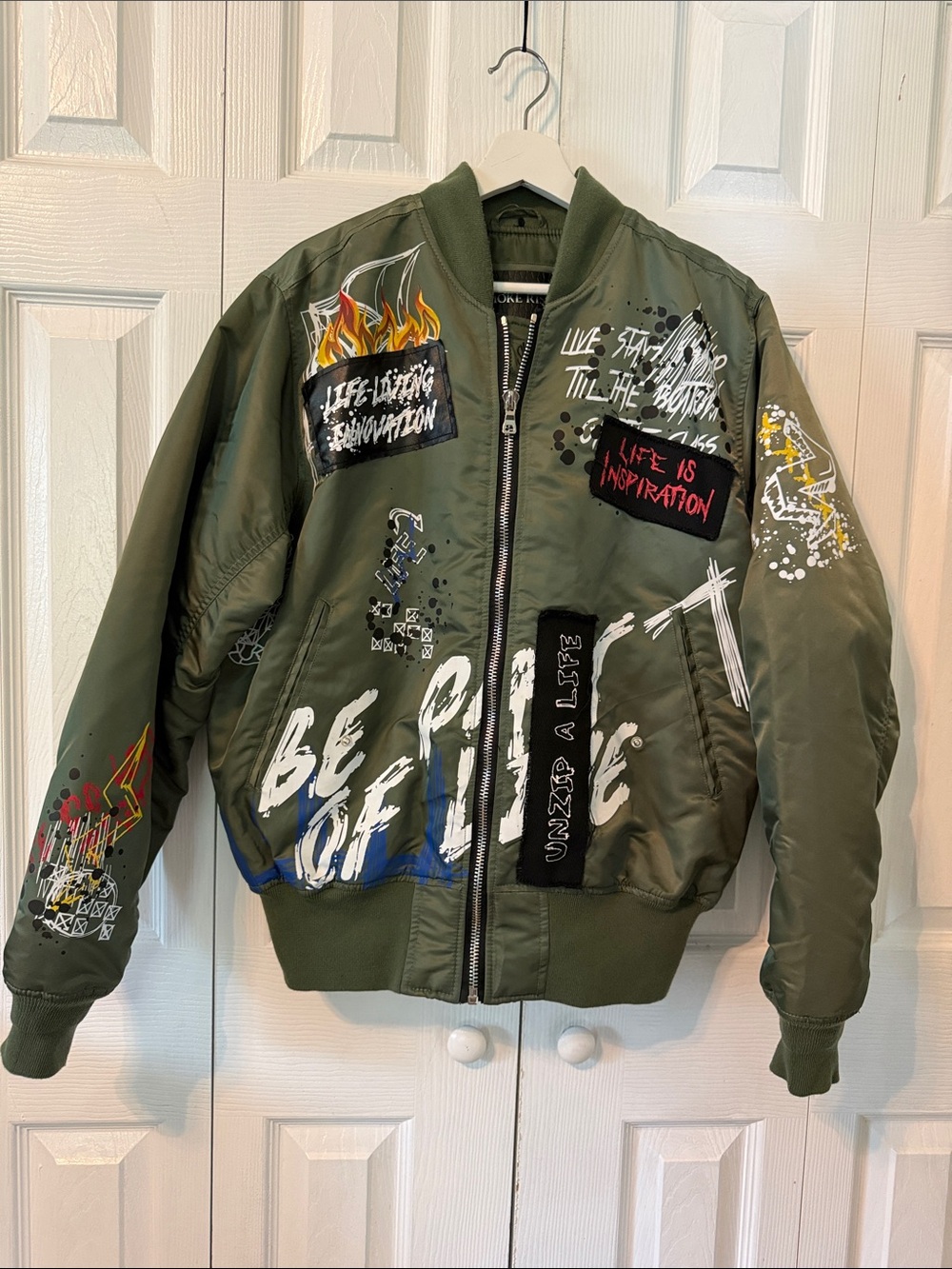 SMOKE RISE Olive Green Bomber Jacket with Branded Patch Sz M